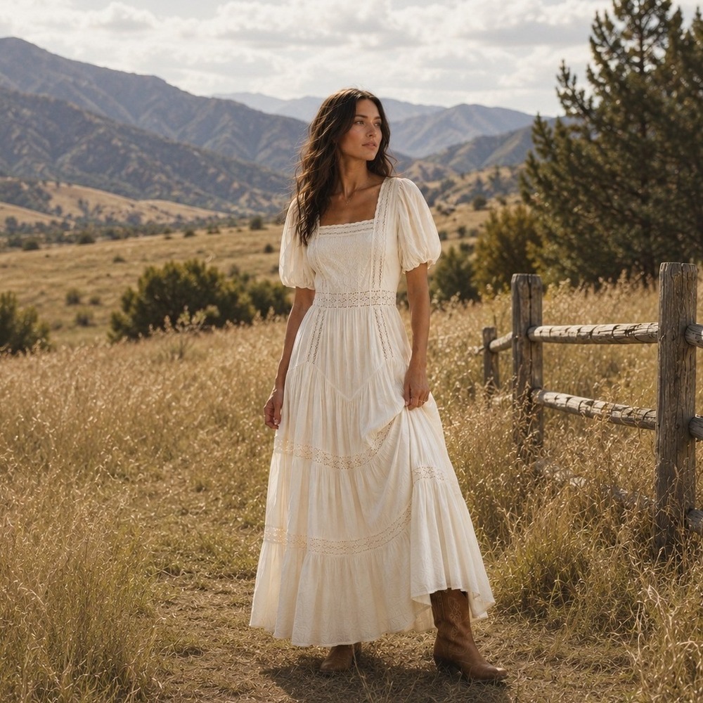 Abercrombie x Kemo Sabe Maxi Dress S Cream Lace Puff Sleeve Boho Western Prairie